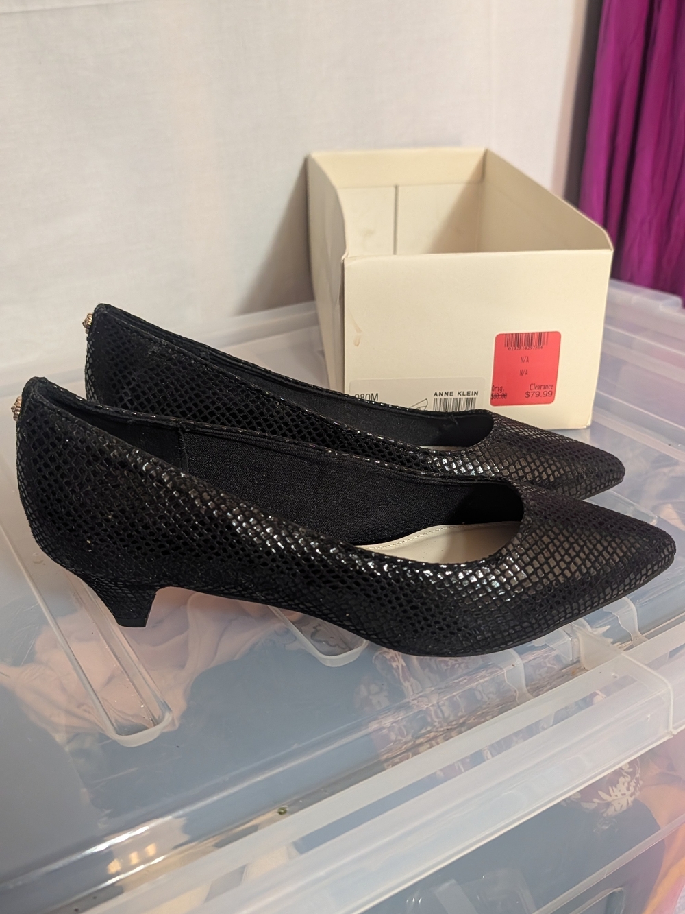 Anne Klein Black Snakeskin-Texture Low Heel Pumps